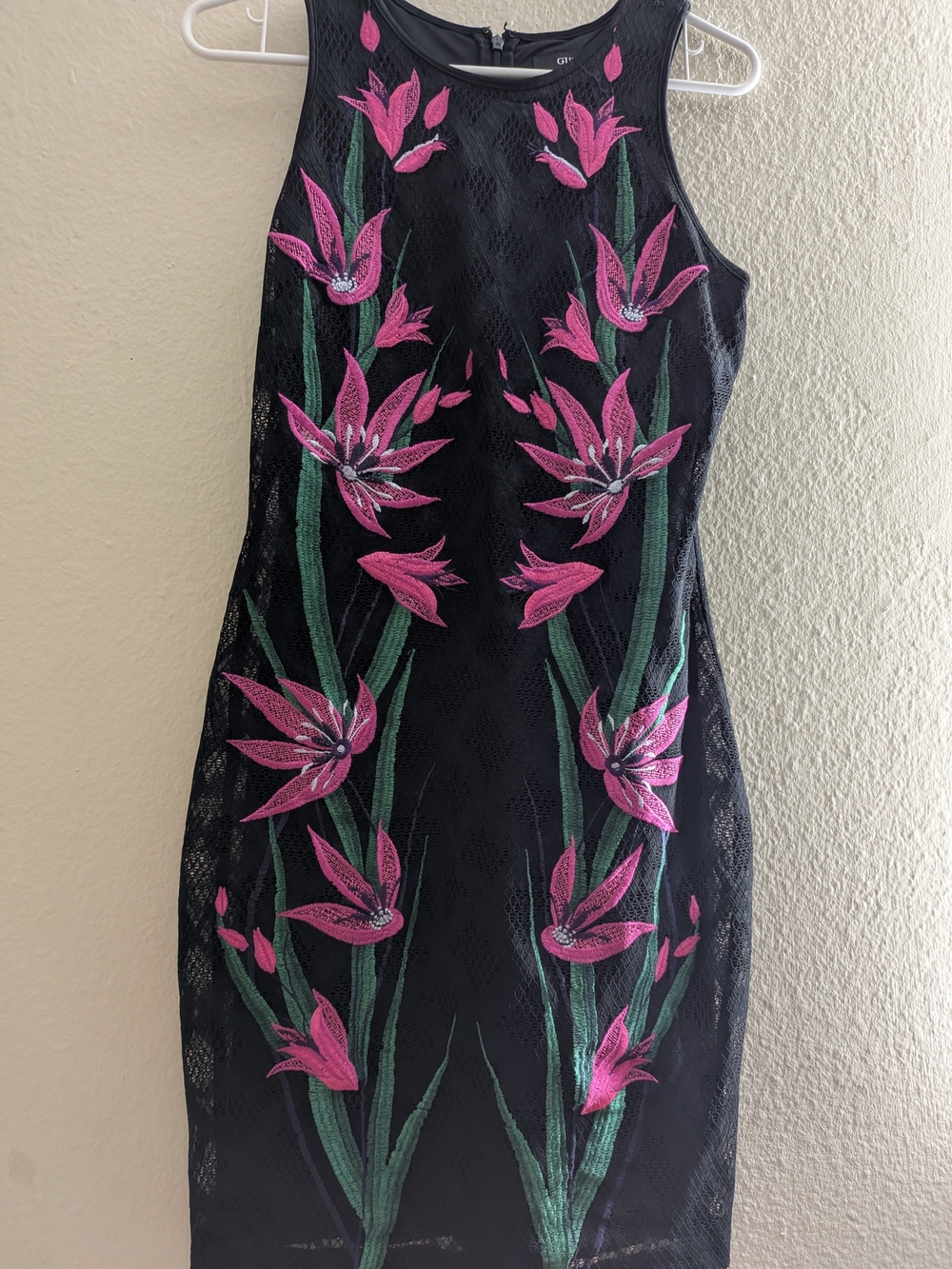 Guess Black Lace Mini Dress with Pink Floral Embroidery